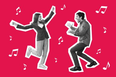 Neşeli siyah-beyaz milenyum çifti rengarenk arka planda dans ederken müzik notaları eşliğinde, mutlu genç adam ve kadın eğlenirken, kolaj yaparken, tam boy