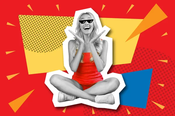 Human emotions concept. Excited monochrome young blonde lady in eyeglasses sitting over bright colorful background, smiling and gesturing, sharing positive emotions, collage