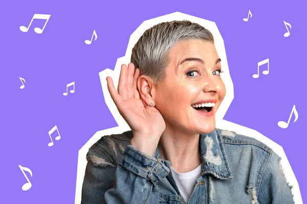 Curious attractive short-haired mature woman in casual holding hand next to ear and smiling, guessing music, purple background with musical notes on it, closeup shot, collage