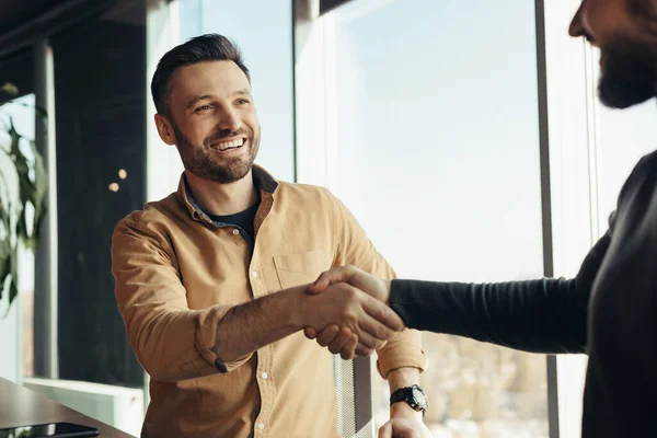 Business Partnership Smiling Male Entrepreneurs Shaking Hands Celebrating Cooperation Agreement — Stock Photo, Image