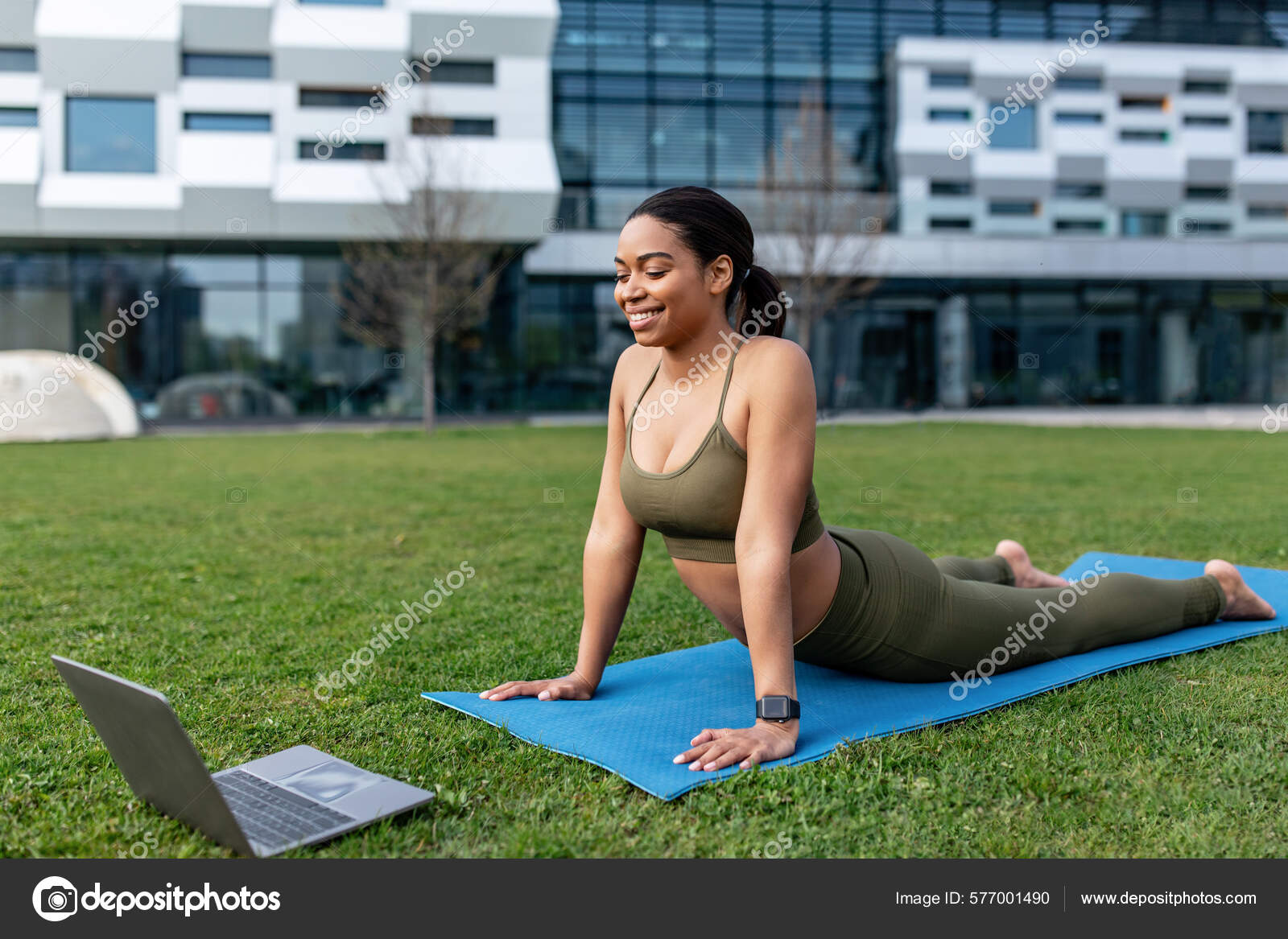 Outdoor Yoga Practice Flexible Young Black Woman Doing Cobra Pose