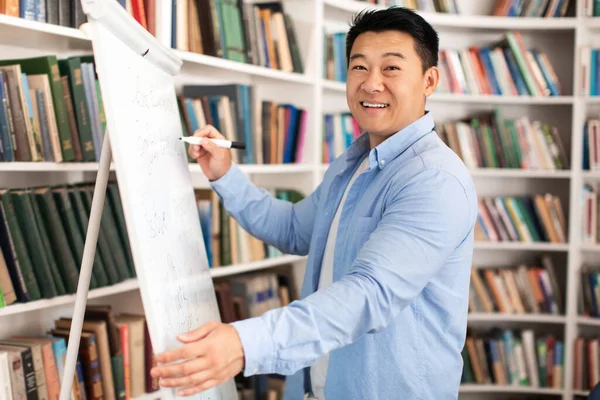 Happy Asian Male Teacher Writing On Whiteboard Having Class Teaching English Language Standing In Modern Classroom Indoors, Smiling To Camera. Knowledge And Education Concept