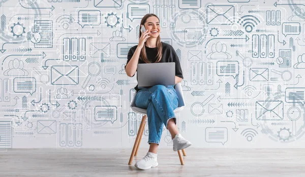 Remote Work. Freelancer Woman Using Laptop And Talking On Cellphone Against White Wall With Drawn Abstract Media Icons, Happy Female Enjoying Online Communication And Distant Job, Creative Collage
