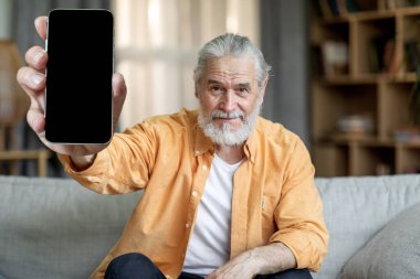 Modern akıllı telefon. Olgun adamın elinde siyah boş ekran var. Model. Pozitif sakallı ve uzun saçlı yaşlı bir adam oturma odasında koltukta oturuyor, cep telefonu kullanıyor, uzayı kopyalıyor.