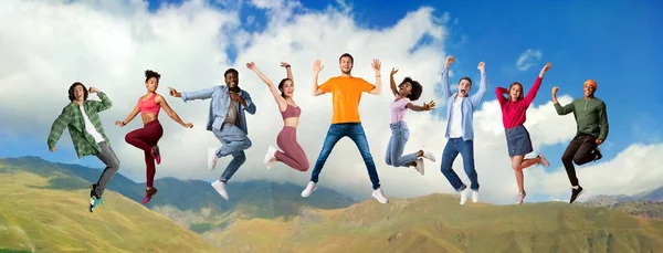Group Happy Active Multiethnic Men Women Jumping Mountains Landscape Background — Stock Photo, Image