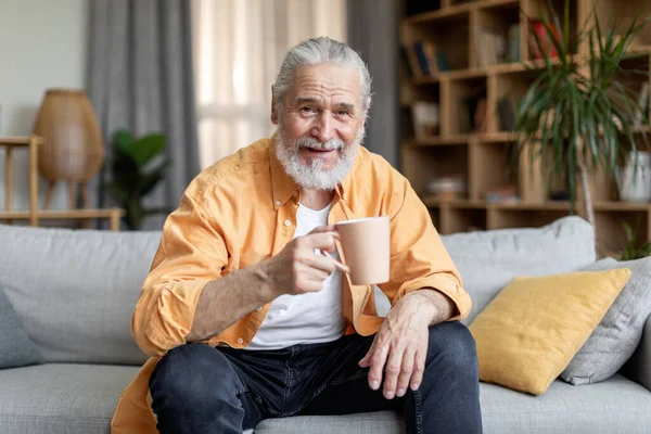 Handsome Grey Haired Bearded Senior Man Drinking Coffee Smiling Sitting — Stock Photo, Image
