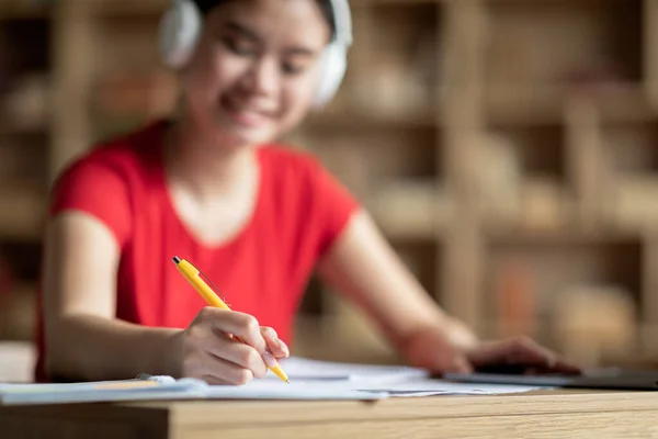 Glad Happy Adolescent Asian Lady Student Wireless Headphones Studying Room — Fotografia de Stock