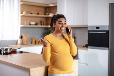 Kocaman göbekli neşeli hamile kadın telefonla konuşuyor. Minimalist mutfak içinde iyi haberler ve dedikodular var. Arkadaşına seslen, boş zaman ve duygularla uzaktan iletişim kur.