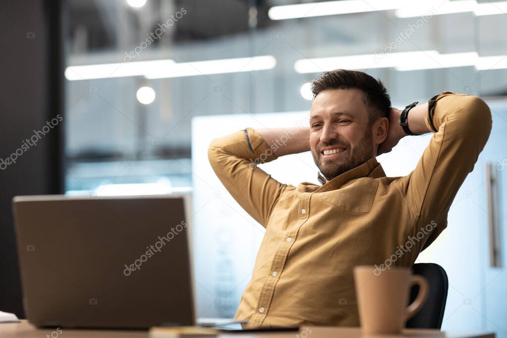 Successful Business. Smiling Businessman Relaxing Sitting In Chair Looking At Laptop Computer Working Online Posing Holding Hands Behind Back In Modern Office. Successful Entrepreneurship Career