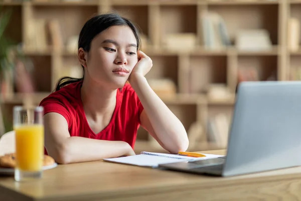 Sad Tired Young Asian Lady Student Watch Video Lesson Computer — Foto Stock