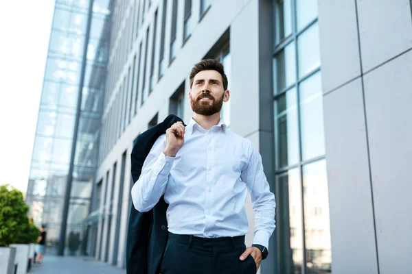 Confident Handsome European Millennial Bearded Businessman Jacket Shoulder Modern Office — Stock Fotó