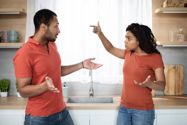 Upset disappointed millennial african american lady and husband swears and gesticulate at kitchen interior. Emotions, quarrel, scandal and relationship problems at home during covid-19 quarantine
