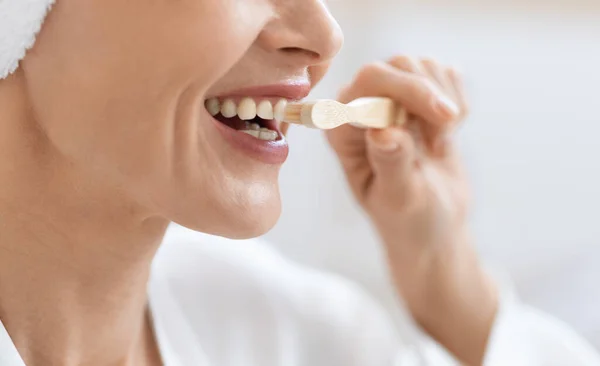 Cropped Woman Brushing Teeth Shower Wearing White Silky Bathrobe Turban — Zdjęcie stockowe