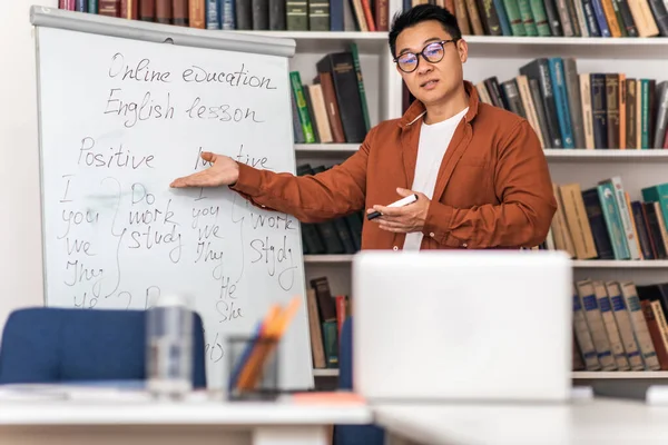 Asian Male Teacher Teaching Online Having Remote Class Video Call — Stockfoto