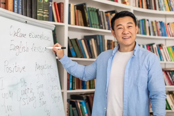 Online Education Joyful Asian Teacher Man Whiteboard Smiling Looking Camera — Stockfoto
