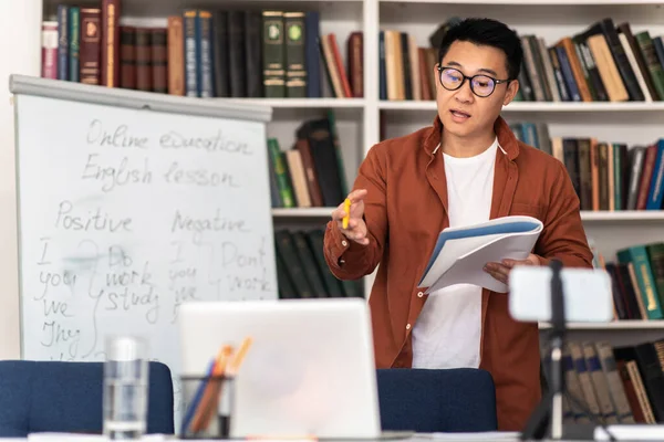 Asian Teacher Man Talking Laptop Having Class Remotely Teaching Online — Stockfoto