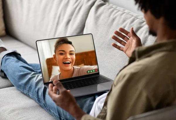 Video Call Black Millennial Guy Using Laptop Web Chat Home — Stockfoto