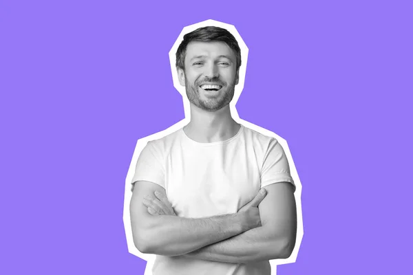 Black White Happy Bearded Middle Aged Man Laughing Purple Background — Photo