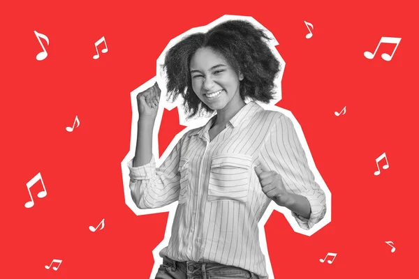 Human emotions concept. Monochrome excited young black lady raising fists up over colorful background with music notes, celebrating success, copy space, collage, magazine style