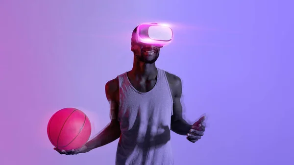 Professional Black Sportsman Playing Basketball While Wearing Headset Neon Light — Zdjęcie stockowe