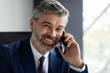 Business Call. Closeup Shot Of Smiling Mature Businessman Talking On Cellphone In Office, Handsome Middle Aged Male Entrepreneur Wearing Suit Sitting At Workplace And Having Chat On Mobile Phone