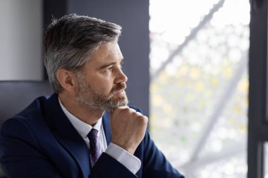 - Erkek Girişimci. Ofiste oturmuş, bakışlarını kaçıran, iş stratejisini düşünen olgun bir adamın, iş dünyasını kopyalayan, iş dünyasını kopyalayan düşünceli orta yaşlı iş adamının yakın plan portresi.