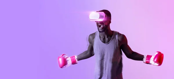 Aggressive Black Sportsman Headset Boxing Gloves Shouting His Workout Neon — Zdjęcie stockowe