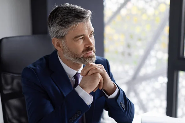 Business Planning Portrait Pensive Handsome Mature Male Entrepreneur Workplace Middle — Stok fotoğraf