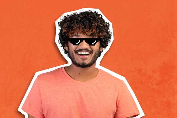 Cool Curly Millennial Hindu Guy Black Cartoon Eyeglasses Posing Orange — Stok fotoğraf