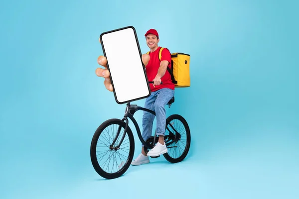 Food Delivery App Young Courier Guy Bicycle Showing Big Blank — Stok fotoğraf