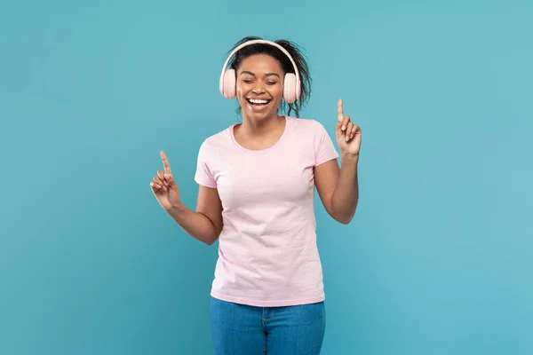 Happy African American Woman Wireless Headphones Listening Popular Music Dancing — Photo