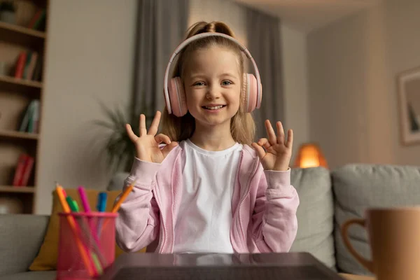 Little Schoolgirl Gesturing Okay Laptop Video Calling Having Online Class — Fotografia de Stock