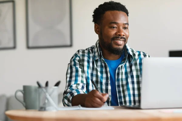 Happy African American Man Using Laptop Computer Working Online Taking — Φωτογραφία Αρχείου