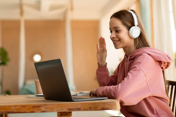 Excited Girl Teenager Having Video Call Teacher Home Using Laptop —  Fotos de Stock