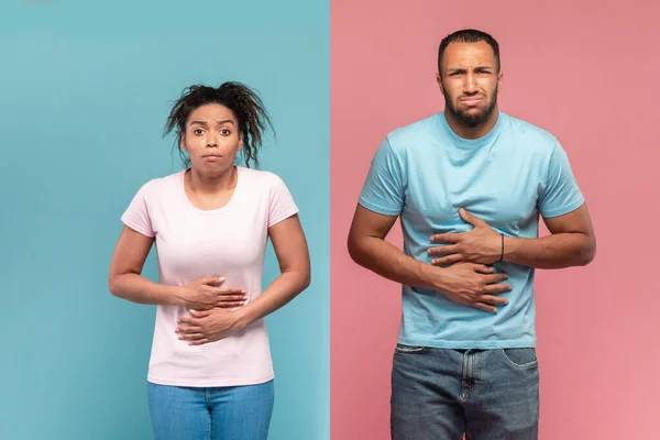 African American Couple Standing Hand Stomach Because Indigestion Painful Illness — 图库照片