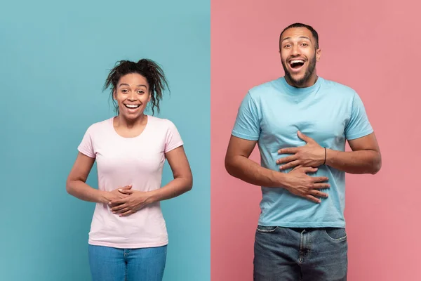 Hilarious Black Woman Man Touching Stomachs Laughter Squint Faces Cannot — Stockfoto