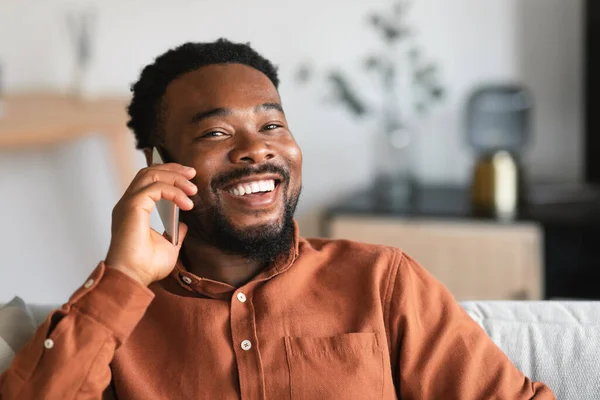 Cheerful African American Male Talking Phone Smiling Communicating Looking Camera — 图库照片