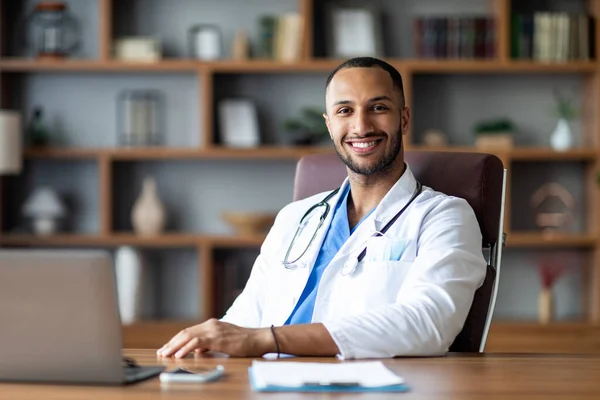 Cheerful Doctor Young Middle Eastern Man White Robe Stethoscope Working — Stock Fotó
