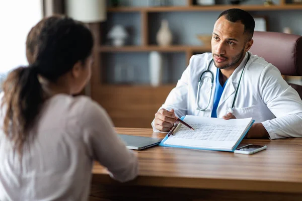 Young Middle Eastern Doctor Gynecologist Showing African American Lady Patient — Stock fotografie