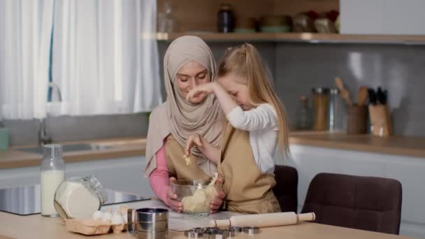 Domestic Baking Happy Playful Little Girl Kneading Dough Kitchen Preparing — Stock Video