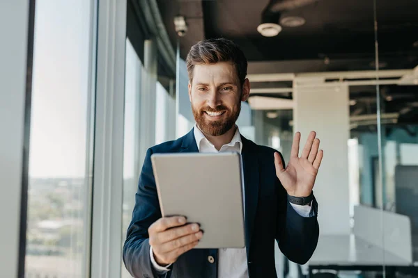 Happy Caucasian Businessman Suit Working Office Having Video Chat Business — Foto de Stock