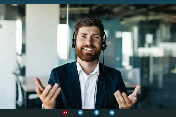 Screen View Confident Businessman Making Video Call Having Virtual Online — Stockfoto