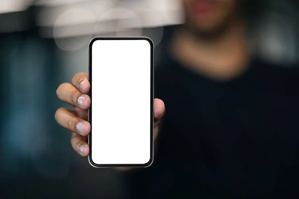 Black Man Showing Modern Smartphone Big Blank White Screen Camera — ストック写真