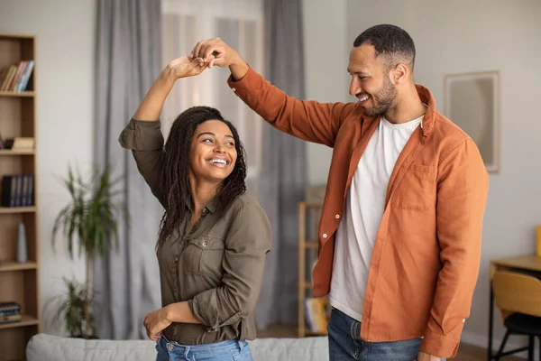 Romantic Relationship Cheerful Black Spouses Dancing Having Fun Spending Time — Foto de Stock