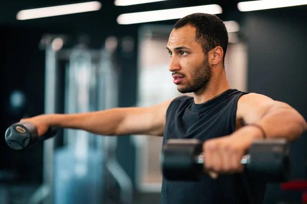 Portrait Motivated African American Male Athlete Training Dumbbells Gym Young — Stock Photo, Image
