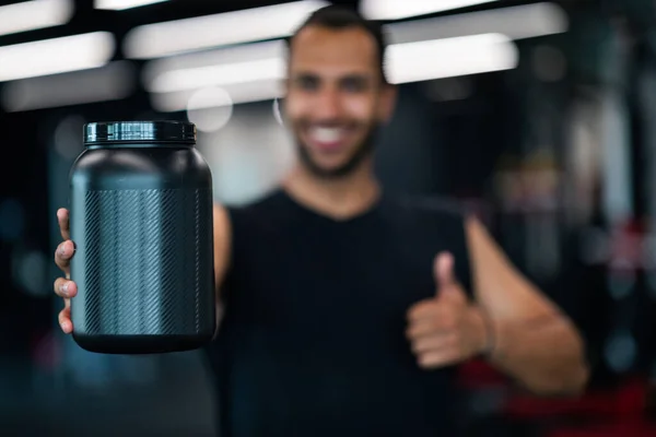 Fitness Nutrition Happy Black Sportsman Holding Container Whey Protein Powder — Zdjęcie stockowe