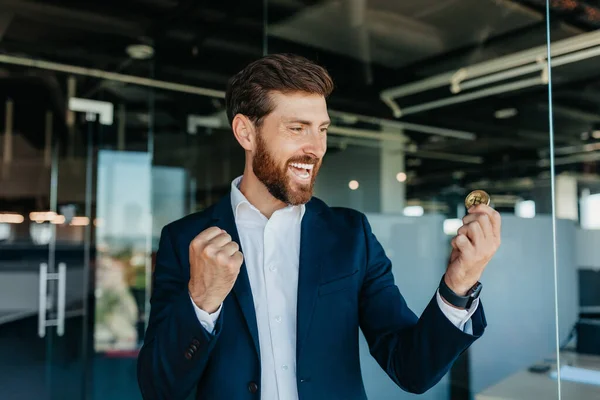 Handsome Happy Businessman Holding Bitcoin Screaming Proud Celebrating Victory Success — Foto de Stock