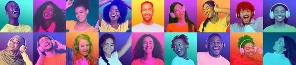 Különböző Emberek Fényes Érzelmei Portrék Boldog Fiatal Nemzetközi Emberek Fejhallgató — Stock Fotó
