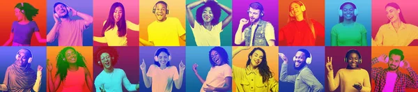 Happy Excited Bright Young Different People Headphones Dance Listen Favorite — Stock Fotó