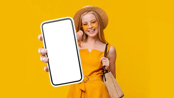 Summer Entertainment Mobile App Concept Beautiful Millennial Blonde Lady Straw — Stok fotoğraf